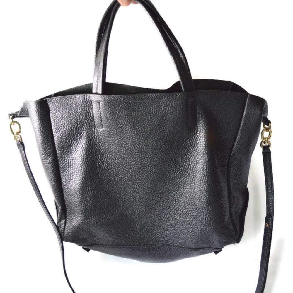Classic Black Leather Tote Bag with Shoulder Strap